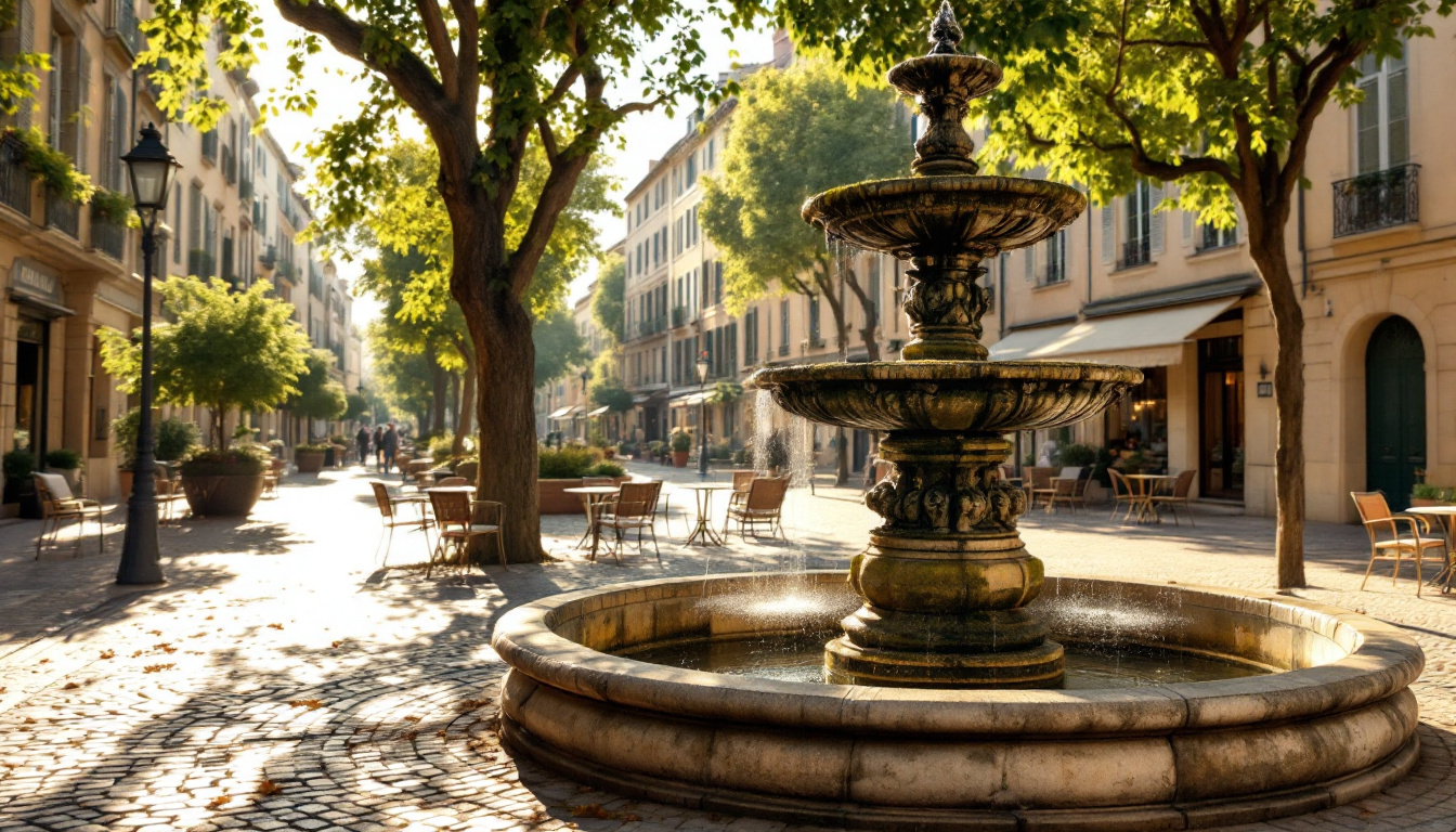 Altstadt und Brunnen in Aix-en-Provence mit platanengesäumtem Boulevard