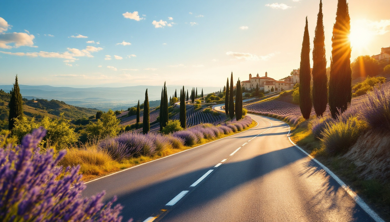 Frankreich mit dem Auto: Landstraße durch die Provence mit Lavendelfeldern