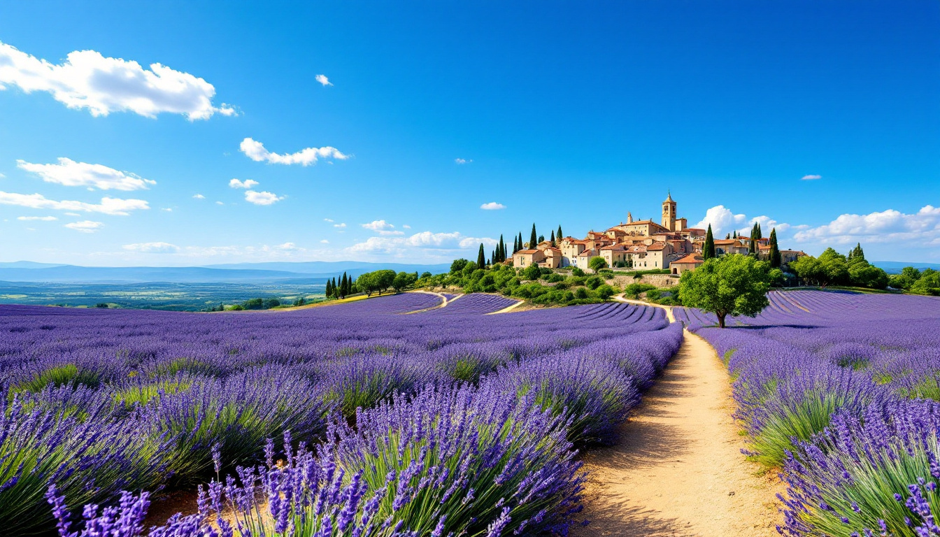Frankreich Provence mit Lavendelfeldern und Bergdorf im Hintergrund