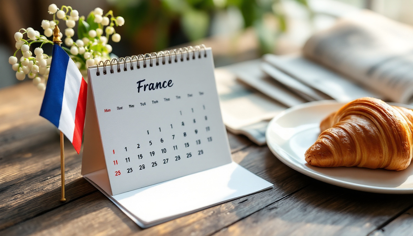 Übersicht französische Feiertage mit Kalender, Tricolore und Maiglöckchen auf Holztisch