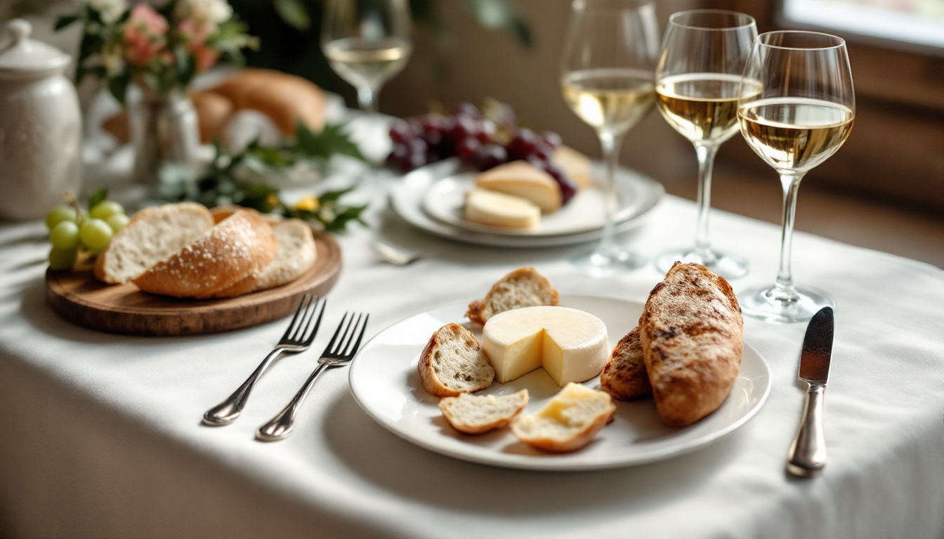 Gedeckter Tisch nach französischen Tischkultur Regeln mit Besteck, Weingläsern und Baguette