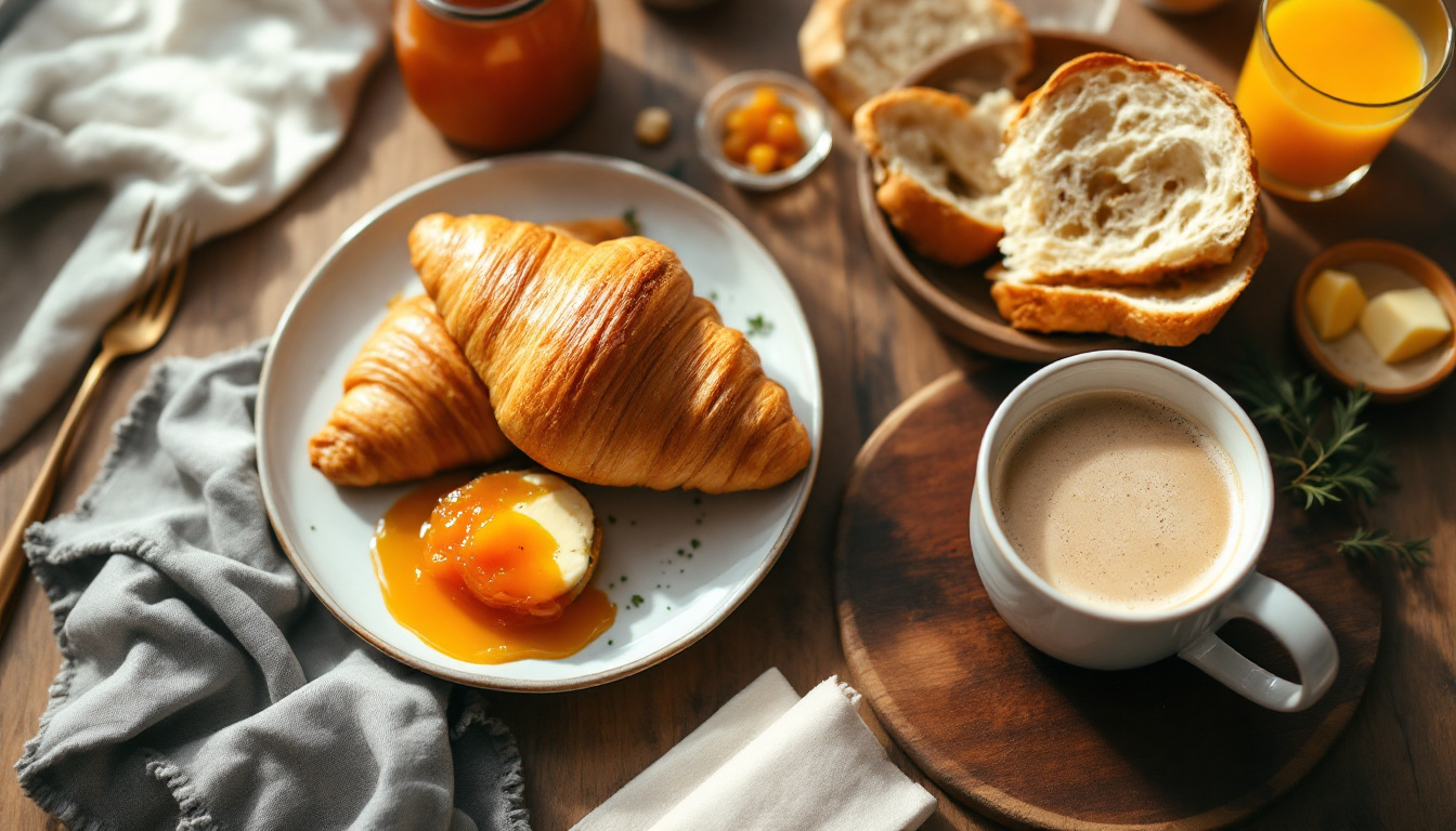 Französisches Frühstück – was gehört dazu: Croissants, Baguette, Café au Lait und Orangensaft auf einem Holztisch
