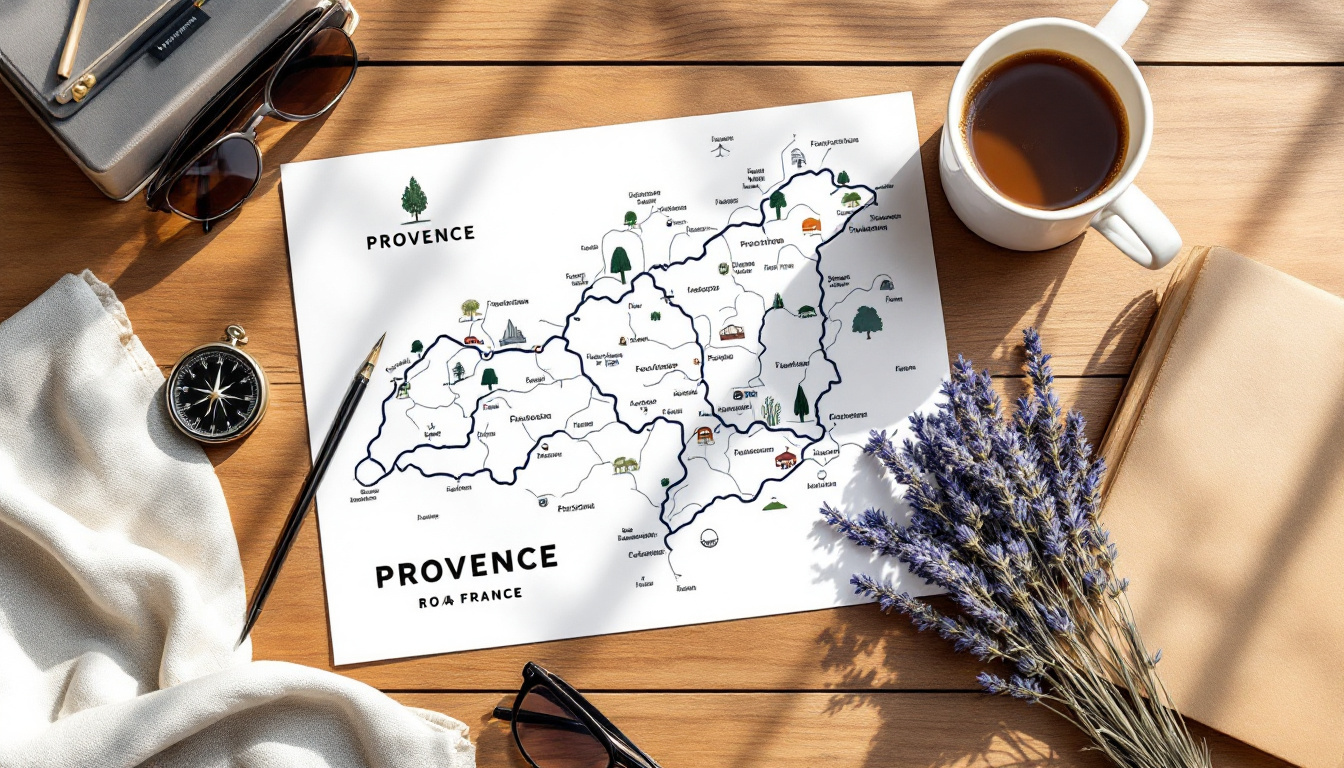 Karte von der Provence Frankreich mit Lavendel und Kompass auf Holztisch