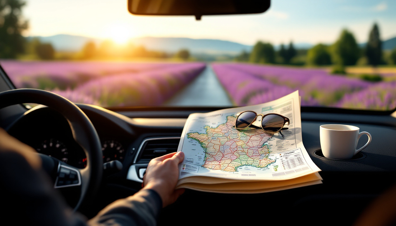 Auto mit Straßenkarte auf dem Sitz – mit dem Auto durch Frankreich reisen Tipps für die Route