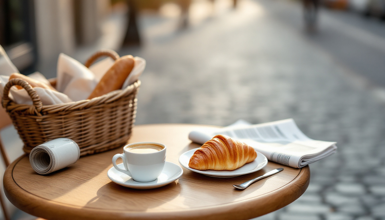 Café-Tisch mit Croissant und Espresso zum Thema typisch französische Lebensart verstehen