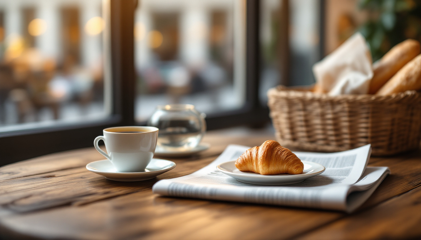 Frühstückstisch mit Croissant und Espresso zeigt, wie Franzosen im Alltag leben