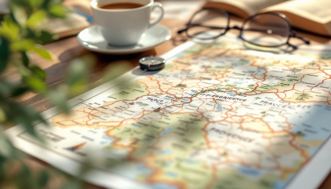 Karte Südfrankreich Provence mit Regionen, Routen und Küstenorten auf einem Holztisch