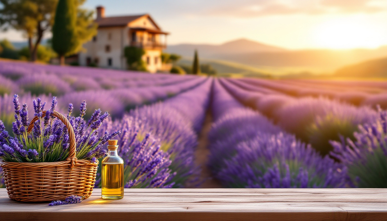 Blühende Felder mit Lavendel aus der Provence bei Sonnenuntergang