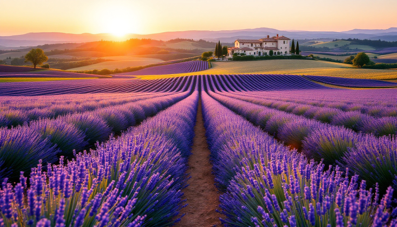 Lavendel Blüte in der Provence mit violetten Feldreihen bei Sonnenaufgang