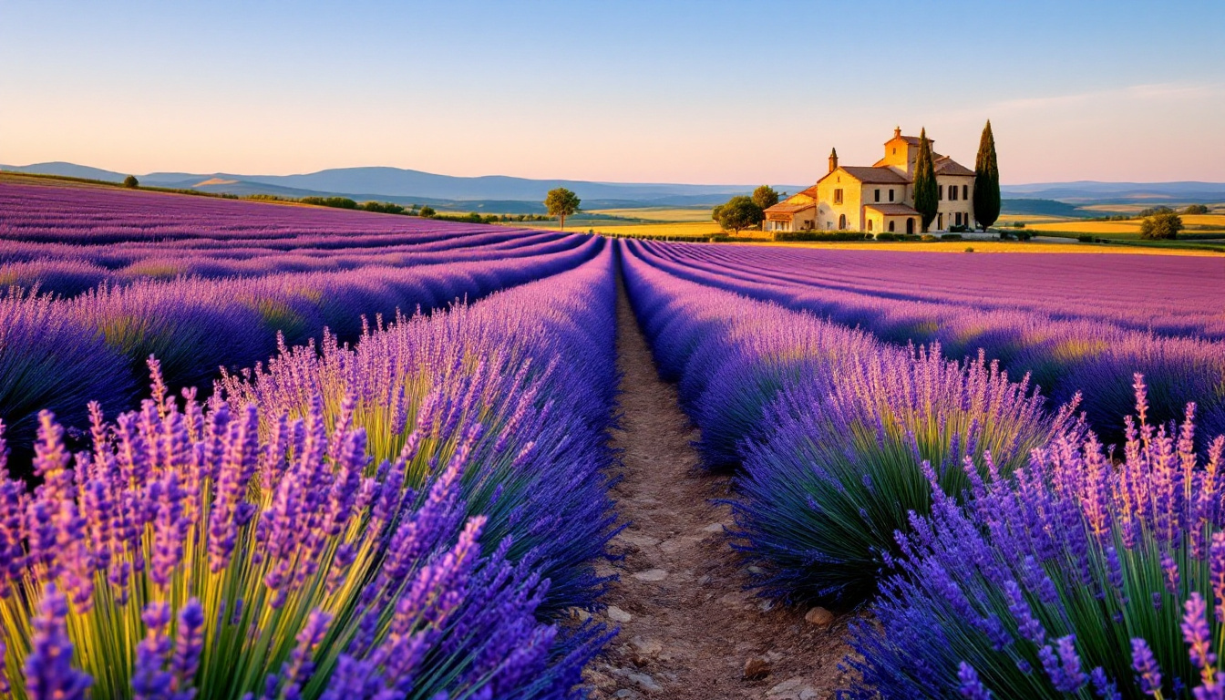 Blühende Felder mit Lavendel der Provence im Abendlicht vor einem Steinhaus