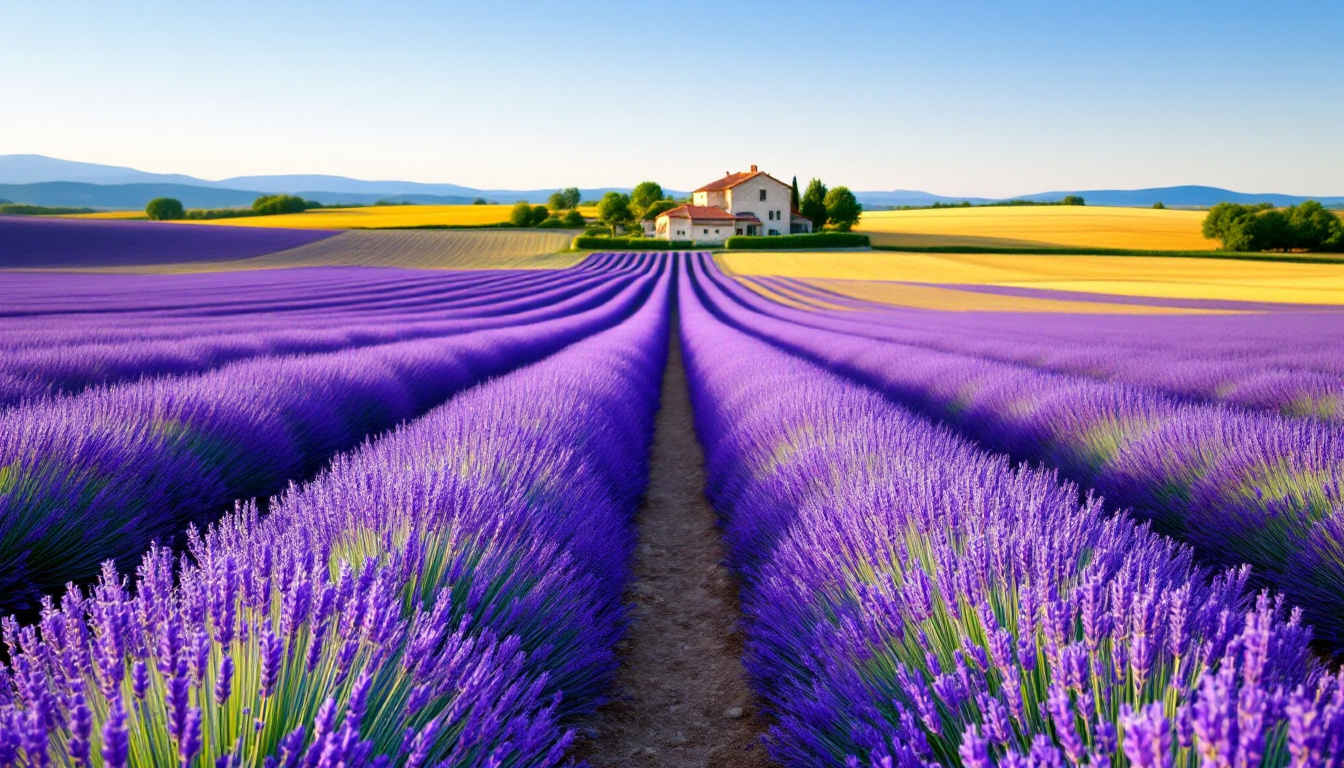 Lavendelfelder in Frankreich auf der Karte der Provence: violette Reihen auf dem Plateau de Valensole