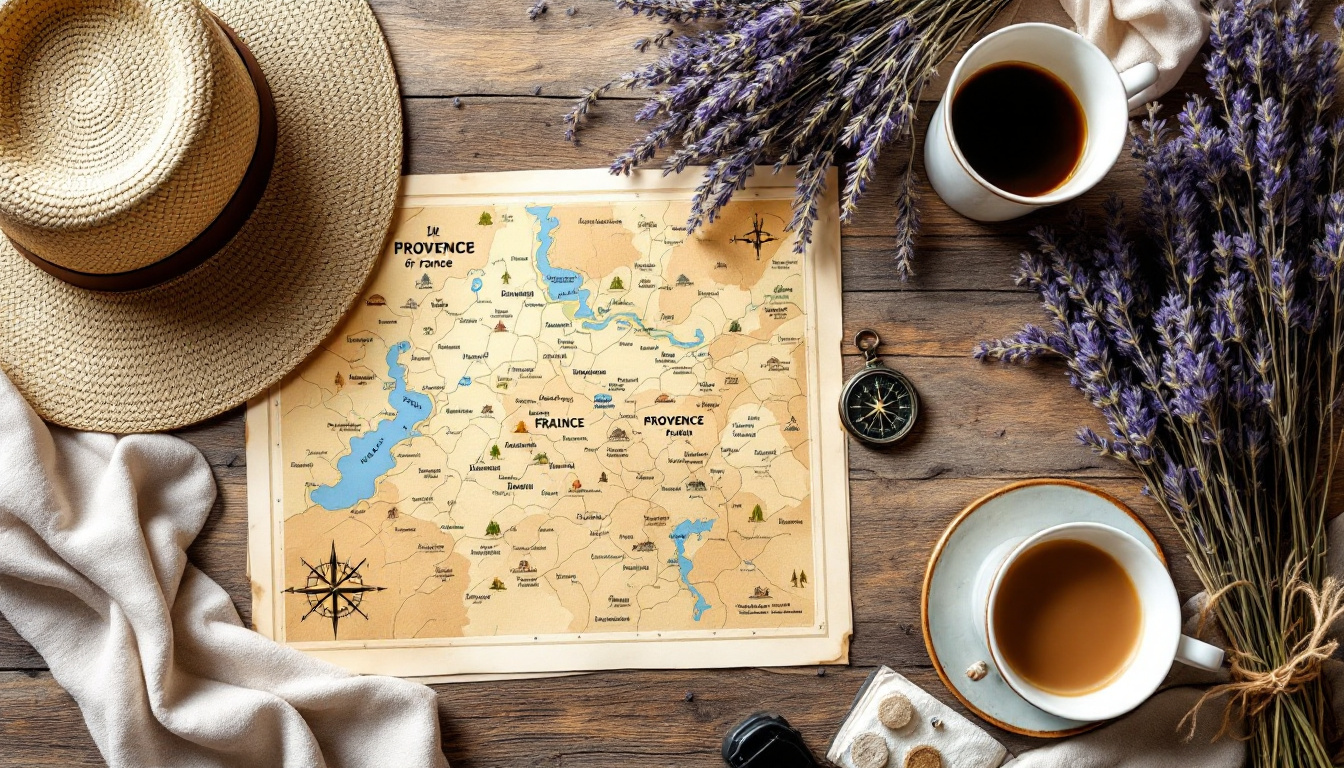Provence Karte Frankreich mit Départements und Reiseroute auf einem Holztisch
